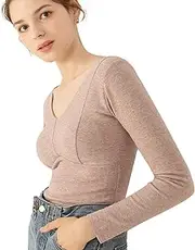 [Generic] Thermal Underwear for Women | Soft Warm Top,Built in Bra, Thick Long Sleeve V Neck Underwear, Soft Comfortable Top for Autumn and Winter