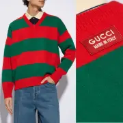 GUCCI MENS SWEATER RED GREEN FELTED WOOL STRIPED PULLOVER V-NECK sz L $1,650