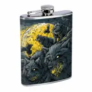 Hungry Wolf Moon Em1 Flask 8oz Stainless Steel Hip Drinking Whiskey