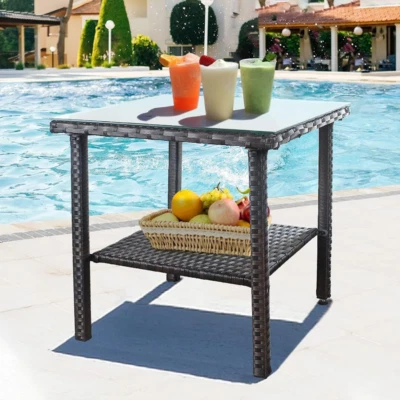 Outdoor Side Table, Patio Rattan Coffee Table with Glass Top, Gray Balcony table