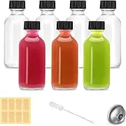 2oz Small Clear Glass Bottles with Lids - 7 Pack Shot Caps for Ginger Shots, Juice, Potion, Liquids, Whiskey Mini Travel Funnels, Stickers and Brush (7Pack-Clear)