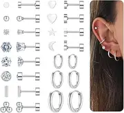 [Juicfru] Hypoallergenic Flat Back Earrings for Women Men Stainless Steel Stud Hoop Earrings for Multiple Piercing Small Surgical Steel Cartilage Earrings Set for Sensitive Ears, Stainless Steel Cubic Zirconia,