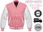 Varsity letterman Bomber Jacket pink wool with white lether sleeves size XS-4XL