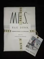 Rae Dunn Mr & Mrs Pillow Cases Percale Cotton Std Size Embroidered Set White