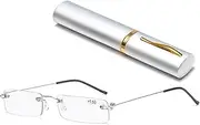 Lanomi Mini Frameless Reading Glasses Blue Light Filter Slim Women Men Ultralight Rectangle Rimless Reading Aid Small Glasses with Metal Case, silver, L