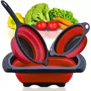 Set of 3 Red Food Strainer for Kitchen - Small Foldable Colander for Pasta an...