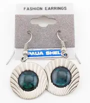 Vintage Silver Tone Paua Shell Round Dangle Earrings NWT