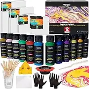 VISWIN Basic Acrylic Pouring Paint Set, Set of 12 Bottles (2.03oz/60ml), Pre-Mixed High Flow Acrylic Pouring Paint Kit with Cups, Gloves, Canvas, Pouring Painting Art Supplies