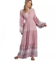Billabong Cosmos Pink Boho Maxi Peasant Prairie Dress Sz S