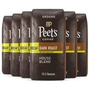 , Dark Roast Ground Coffee - Decaf House Blend 63 Ounces (6 Bags of 10.5 Ounces)