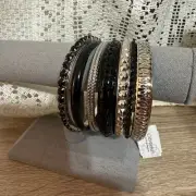 Stacked Bangle Bracelet Set of 8 Textured Gems Silver Tone Skinny Mixed Design