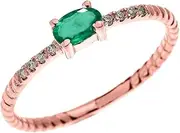 [Dainty and Elegant Gold Rings] Dainty 14k Rose Gold Diamond and Solitaire Oval Emerald Rope Design Stackable/Proposal Ring