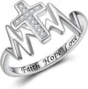[APOTIE] Sterling Silver Faith Hope Love Ring - 925 Cross Heartbeat Rings Inspirational Jewelry Jesus Christian Gifts for Women Teens Girls Daughter
