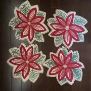 St Nicholas Square Set of 4 Placemats Poinsettia Beaded Christmas Jute NEW