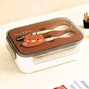 schoolkids, Children 2 grids Leakproof Tiffin bento Lunch Box with Cute Bear Panda Cartoon Stickers, Reusable BPA Free Lunch Container for Students bento Box Lunch Storage (Brown & Off-White)