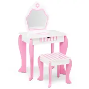 Babyjoy Kids Vanity Table & Stool Set Makeup Dressing Table Set w/Mirror & Drawer Toddler Vanity Set Pink