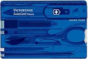 Victorinox Swiss Card, Swiss Made Pocket Tool, Credit Card Size, 10 Functions, Pen, Scissors, Blue Transparent