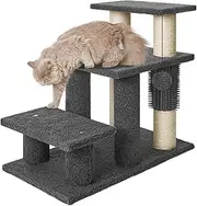 3-Step Pet Steps for Cats/Dogs, Cat Stairs with Sisal Scratching Post & Groomer Brush, Cat Steps for Older Cats, Pet Stairs for High Bed and Couch, Cat Ladder for Indoor Cats