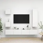 5 Piece TV Cabinet Set White, Media Entertainment Center, Bedroom Living Room Stands, Storage Shelves, Television Table, Engineered Wood