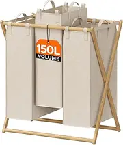 Lifewit 150L Large Laundry Hamper 3 Section, Collapsible Bamboo X-Frame Laundry Basket Sorter, Clothes Hamper with 3 Removable Bags for Laundry Room Bedroom Bathroom, Beige
