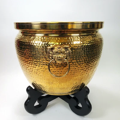 Gold Planter Foo Dog Handles Hammered Metal Indoor Floor Pot Gold Finished