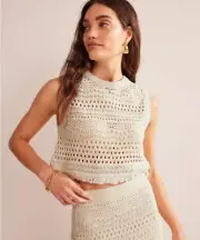 Boden Cropped Fringe Crochet Top In Ivory Sleeveless NWT XL