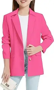 [EXARUS] Girls Blazer Jacket Long Sleeve Notched Collar/Lapel Collar with Inner Pocket Open Front Casual Kids Blazers Suit