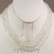 Women Jewelry Crystal Fashion Necklace & Earring Silver Statement Bib Clasp 21"