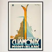Galrie Vintage Ski Poster of Chamonix Mont Blanc: Summer and Winter Sports Art, Black Frame, 70 x 100cm (28 x 40inch)