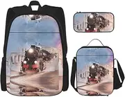 [StOlmx] 3 Pcs Set Backpack,Waterproof Bookbag, Insulated Lunch Bag & Pencil Case Pouch, Travel,Hiking,Runner Bull Skull Print, Steam Train Depart Sunset, One Size