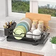 EZKOXAH Large Dish Drainers Tableware Drying Rack with Drip Tray and 360° Rotating Nozzle & Carbon Steel Rustproof Removable for Kitchen Sink Counter Storage & Organisation (Black)