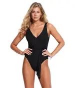 Seafolly L77118 Black Costa Bella Belted Lace One-Piece Swimsuit Size US 10