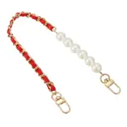 Leather Wristlet Strap, 14" Imitation Pearl Short Wrist Purse (Red, Gold)