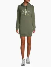 Calvin Klein Metallic Monogram Logo Hoodie Sweatshirt Dress,Caper/Yellow, M