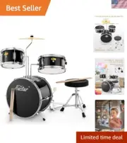 Complete 14'' Black Drum Kit for Kids - Includes Snare, Cymbal, and Throne