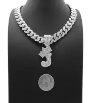 Silver PT Bubble Alphabet J Pendant 16" ~ 30" Iced Cuban Box Lock Chain Necklace