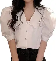 [Zylphorix] Women Sweet Cropped Exquisite Shirt Single Breasted Button Cute T Shirts Summer Bubble Sleeve Chiffon Blouse Top