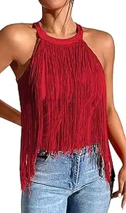 [FEOYA] Halter Fringe Top for Women Sleeveless Cami Shirts Tassel Tank Tops Asymmetrical Trim Camisole Bandana Crop Shirt