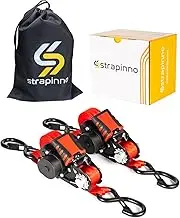 Strapinno Retractable Ratchet Straps - 1 in x 12 ft Heavy Duty Tie Downs, 1800lbs Breaking Strength Each, S Hooks with Safety Clip, AutoRetract, for Moving, Motorcycle, Boat, Kayak, and Cargo (2) Red