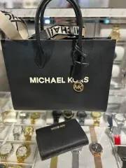 Michael Kors Mirella MD Crossbody Tote Leather Bag +Bifold Zip Coin Wallet-Black