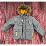 Rothschild Puffer Jacket Infant Size 24M Gray Faux Fur Trim Hood Fleece Lined