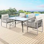 ALFORDSON Outdoor Patio Bistro Set 3PCs UV-Resistant Grey Beige, 4X Armchairs & 140x80x70cm Dining Table Steel Frame Conversation Set, Lounge Sofa Chair & Side Coffee Table with Cushions