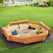 Keezi Kids Sandpit, Wooden Octagon Sand Pit Sandbox Play Toys Sandcastle Garden Patio Beach Activity Outdoor Toy Games, with Cover 182cm Ground Sheet Large Seat Natural Wood