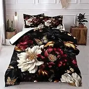 CCoutueChen Black Comforter Set Queen Size Botanical Floral Bedding Set for Women Men Teens 3 Pieces White Red Flower Butterfly Pattern Bedding Soft Lightweight Comforter with 2 Pillowcases
