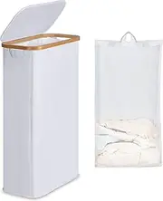 efluky Slim Laundry Basket with Lid, Narrow Laundry Hamper with Removable Bag, Skinny Dirty Clothes Basket with Bamboo Handles for Bathroom, Bedroom & Laundry Room, 63L White