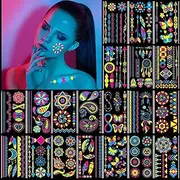 20Sheet Glow in The Dark Temporary Tattoos 170+Styles Adult Super Bright Black Light UV Neon Body Face Fake Waterproof Tattoo Stickers for Women Men Kids Adult, Music Concert Rave Festival Accessory Glow In Dark Party Supplies Favours