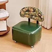 Vintage Ottoman Foot Rest Leather Foot Stool, Square Rolling Stool with Backrest,360° Swivel Wheels,PU Leather,Small Chair Footrest for Salon Work Home Kitchen Shop, Green