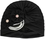 [Generic] African Big Flower Rhinestone Turban Cap Muslim Pre Tied Beanie Headwrap Bonnet Stretch Pleated Women Headscarf Hat