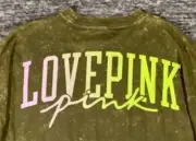 Victoria's Secret Pink Ombre Tie Dye Varsity Tee Shirt Vintage Green Pink Lime L