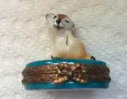 Limoges France Vintage Porcelain Oval Shaped Puppy Trinket Box